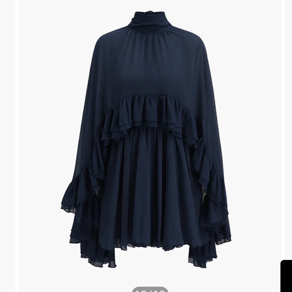 Semi-Sheer Chiffon Ruffle Dress With Outer Cape